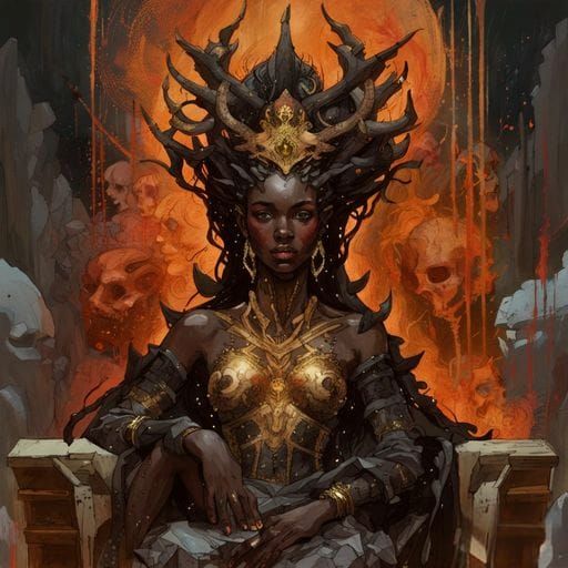 Demon Queen on Skull Throne in Digital Gouache