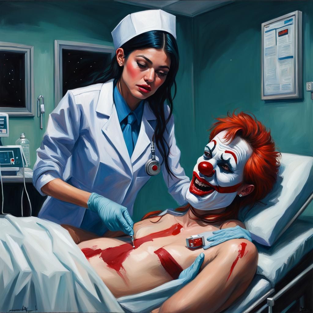 Doctor Kylie Jenner and the Sad Clown: Oil Painting