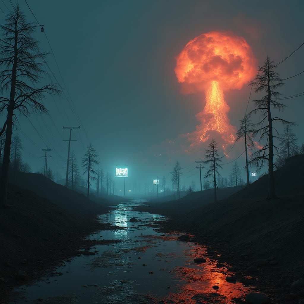 Post-Apocalyptic Cityscape Under Neon Glow