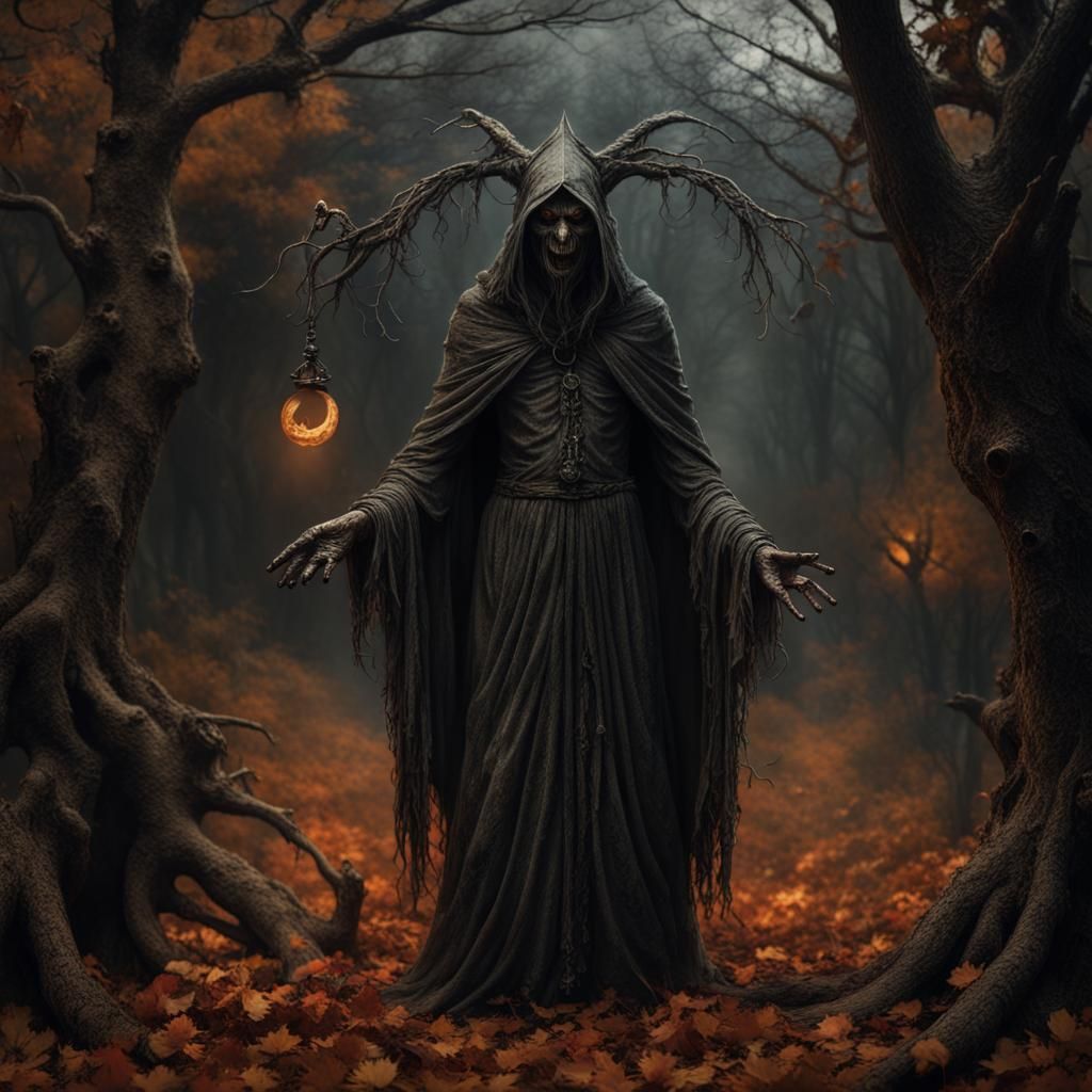 Creepy Samhain Figure in Dark Witchcore Horror Style
