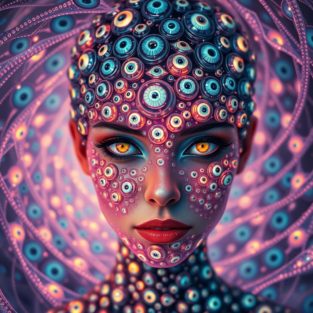 Surreal Portrait of a Woman with Iridescent Eyes in a Biomec...