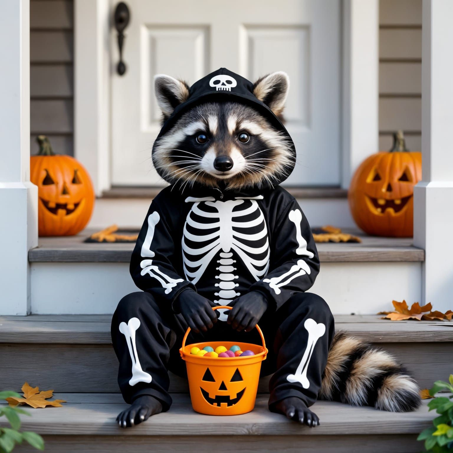 Adorable Raccoon in Skeleton Costume on Halloween Porch