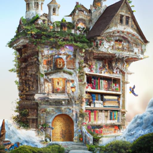 Fantastical House Made of Books in Ethereal Style