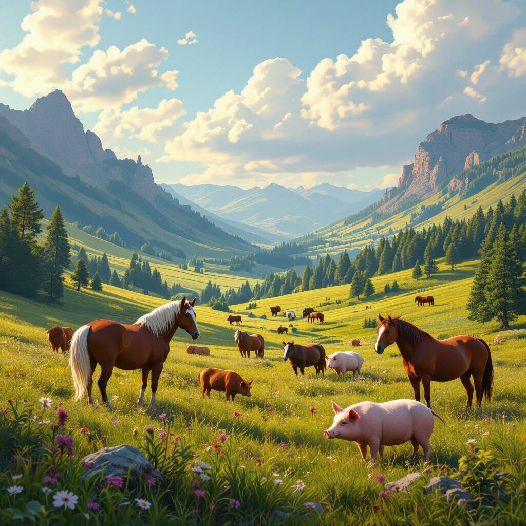 Animals Gather in Lush Meadow: Matte Painting