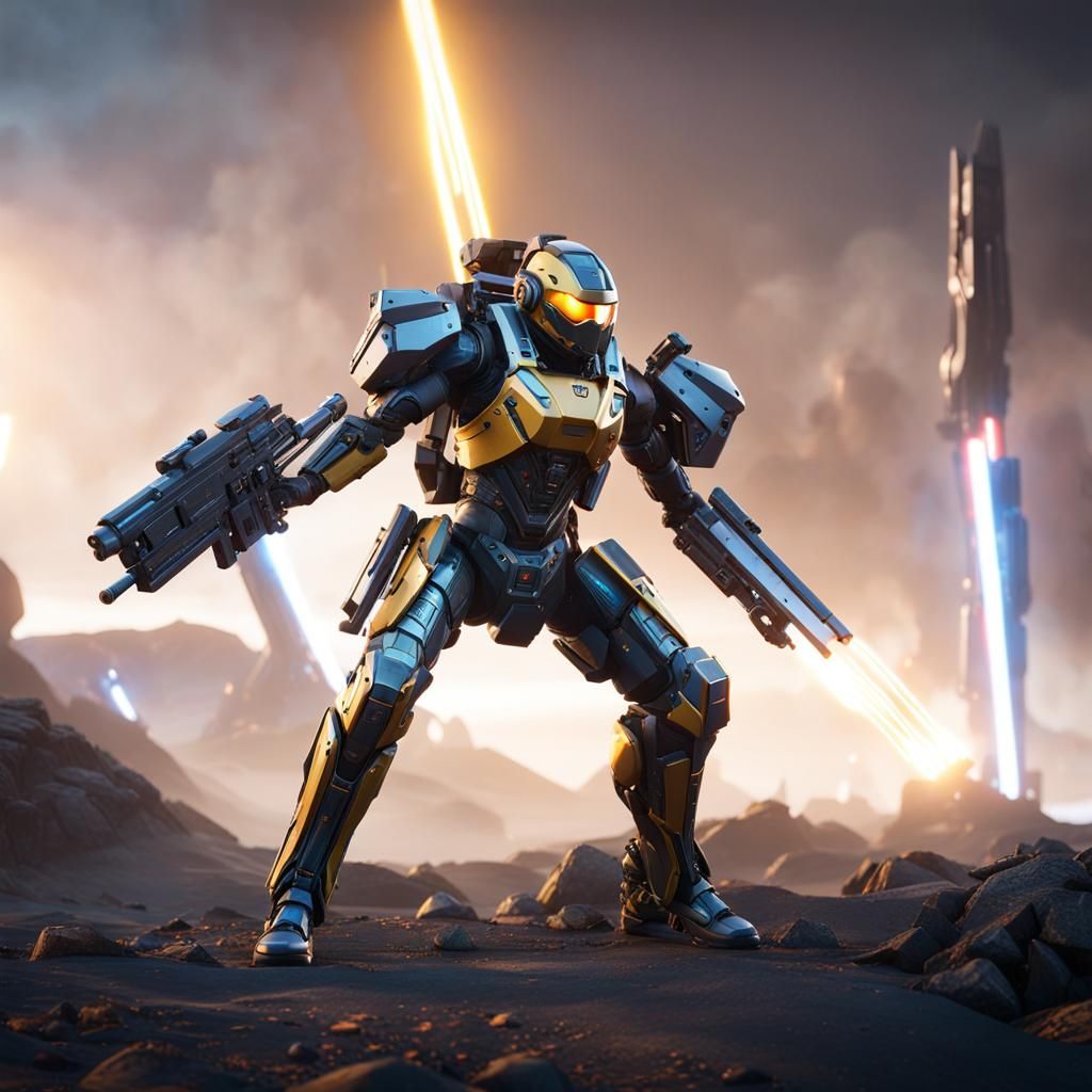 Futuristic Exoskeleton Soldier with Laser Guns in Sci-Fi Sty...