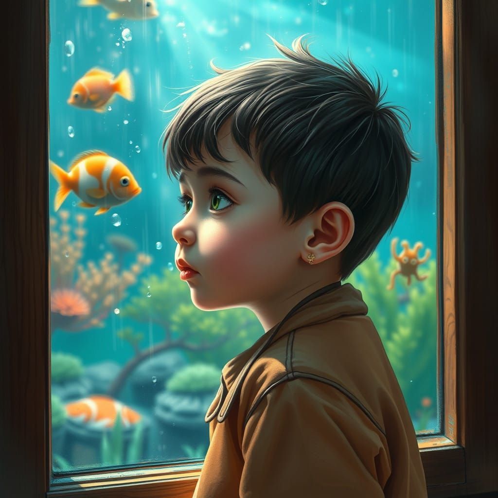 Hyperrealistic Portrait of a Child Watching an Aquarium