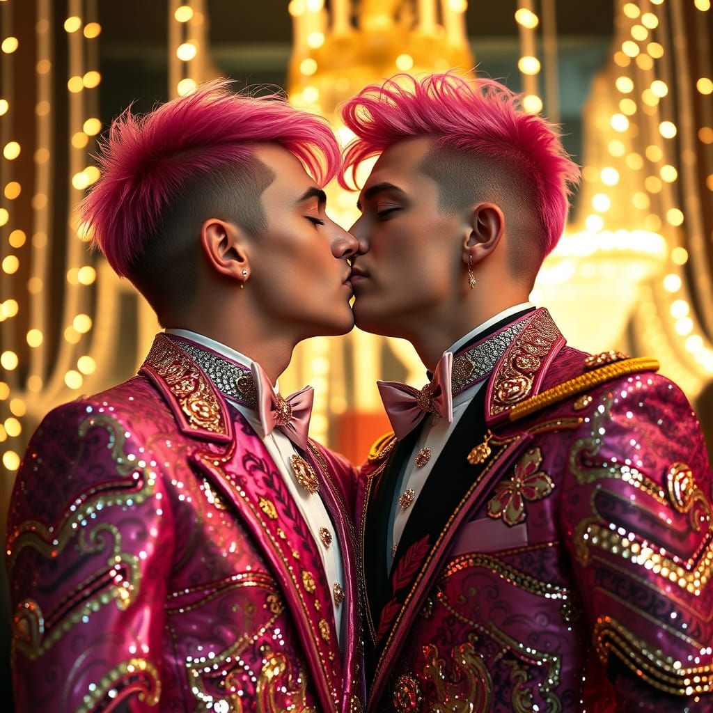 British Males Share Tender Kiss Amidst Glittering Baroque-Po...