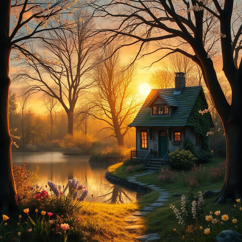Enchanted Lakeside Cottage at Sunset in Hyperrealism