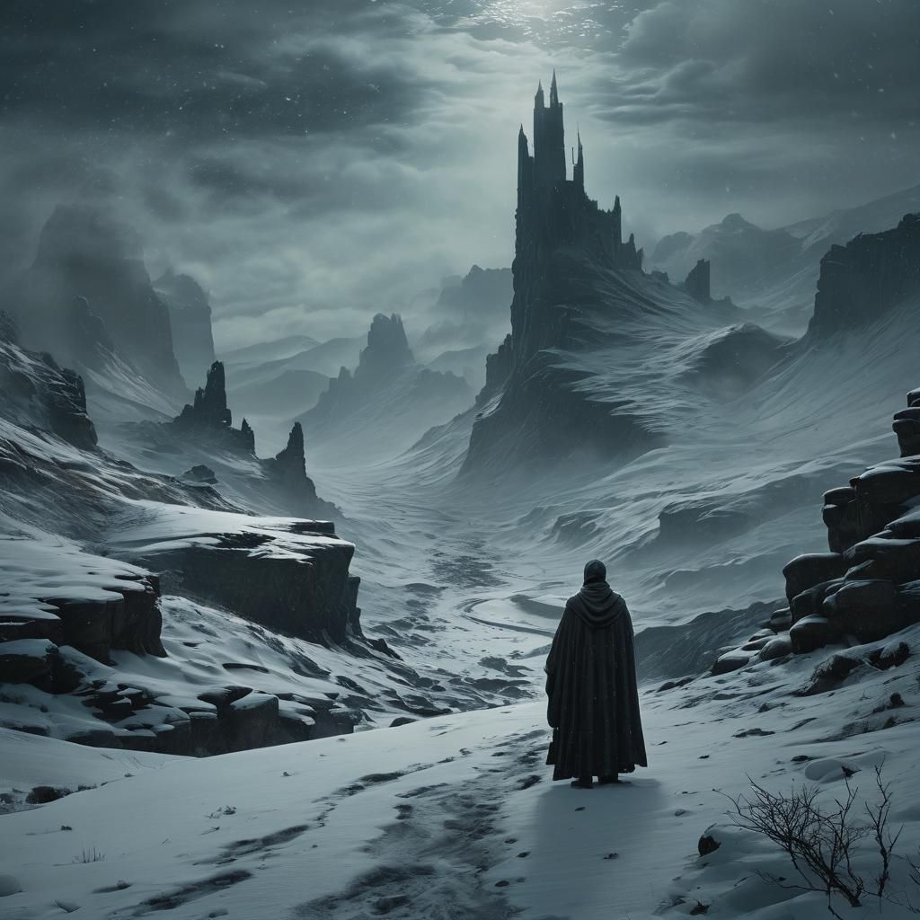 Ominous Figure in Snowy Wilderness, Digital Matte Painting