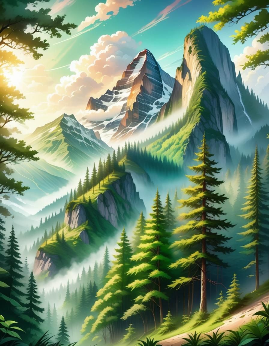 Majestic Mountain Peak Above Lush Forest: Digital Painting