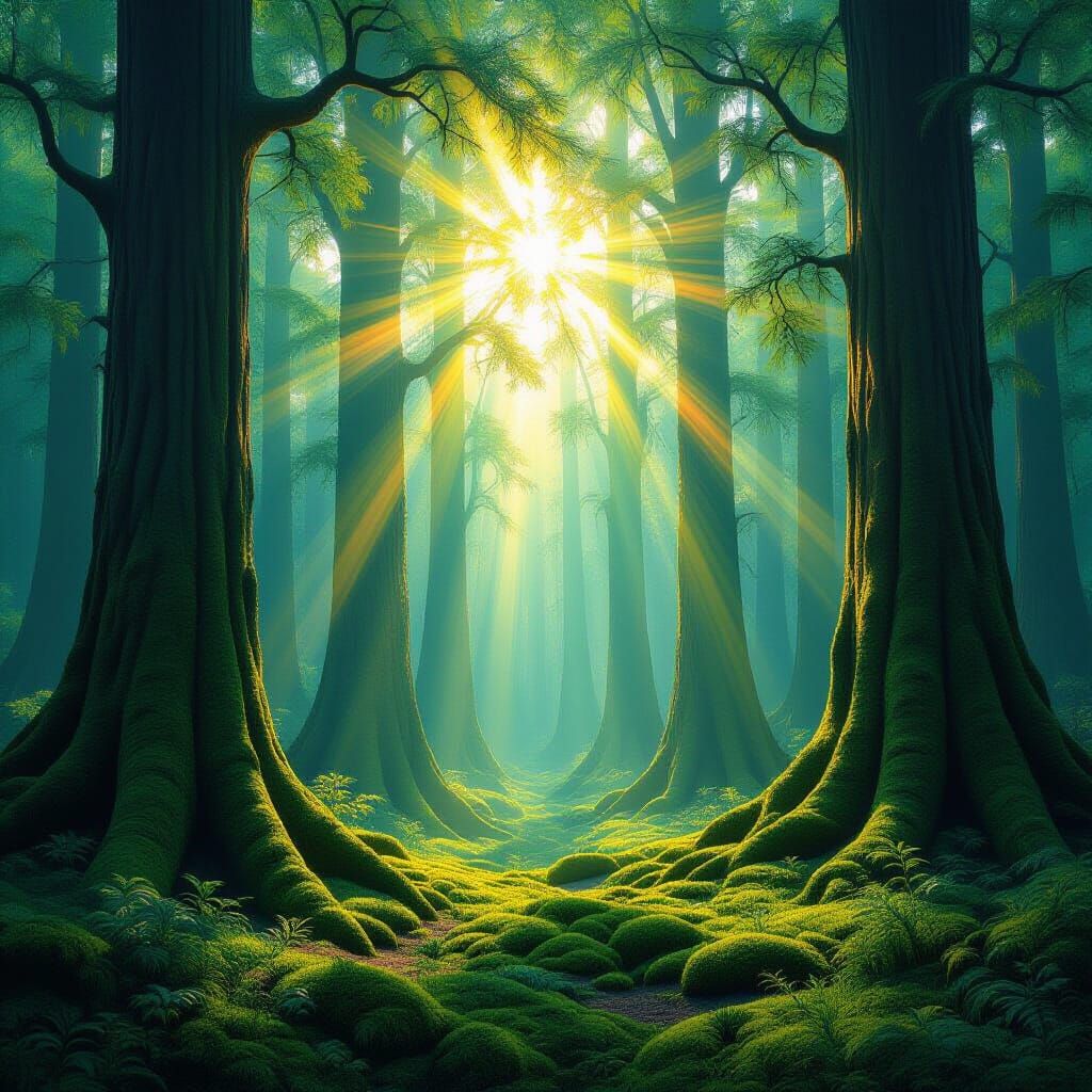 Emerald Crystal Forest with Rainbow Beams