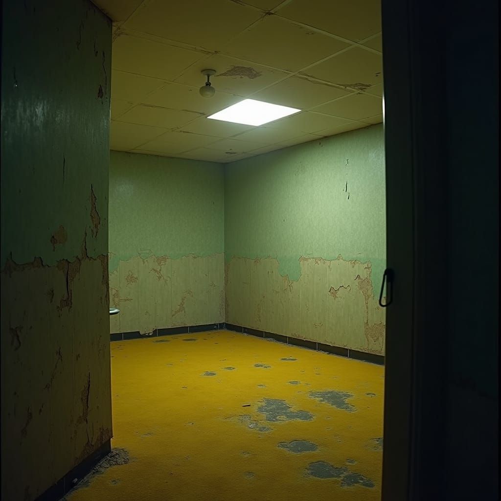 Eerie Retro Room with Moldy Carpet in Film Noir Style