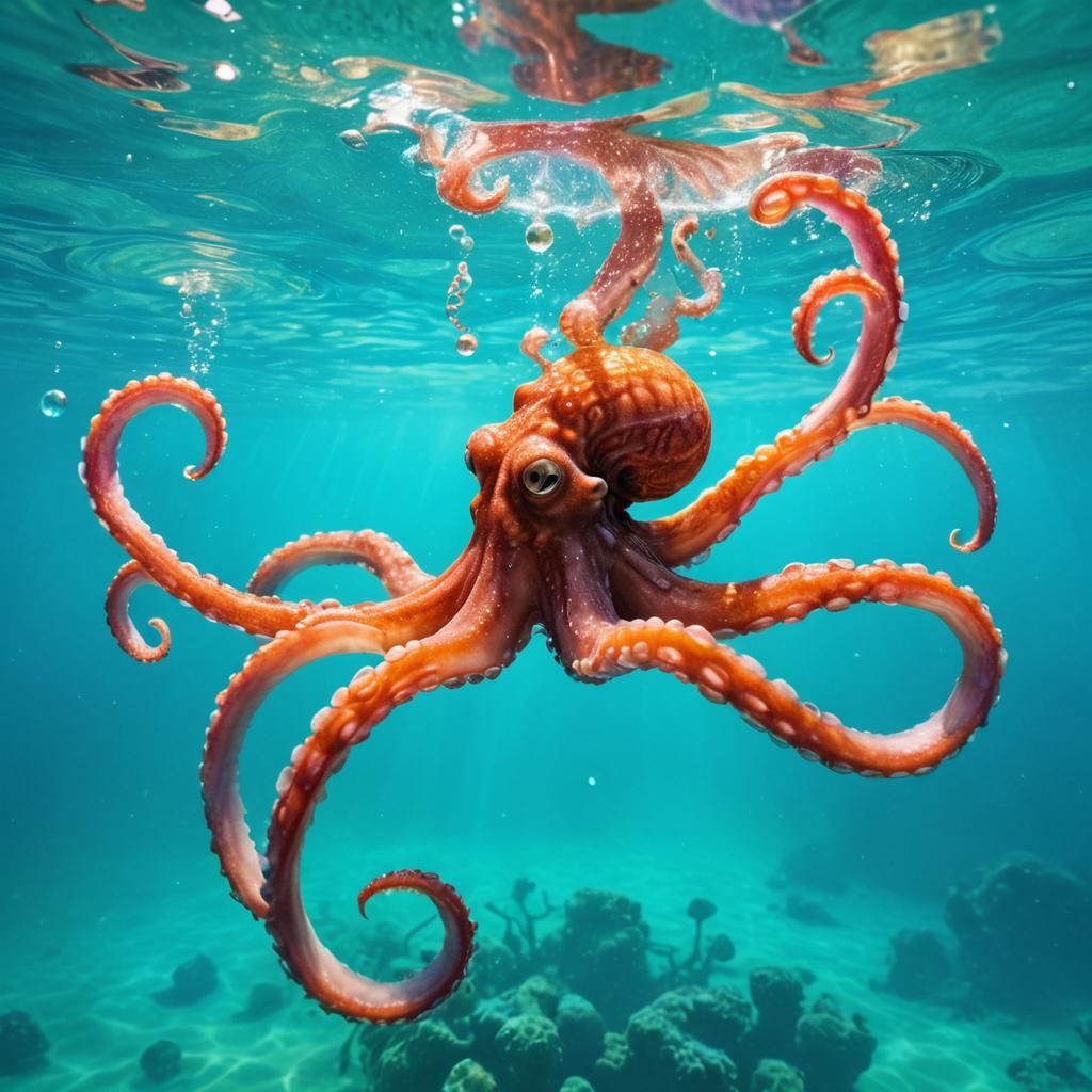 Octopus Swims in Iridescent Ocean: Hyperrealistic Photo