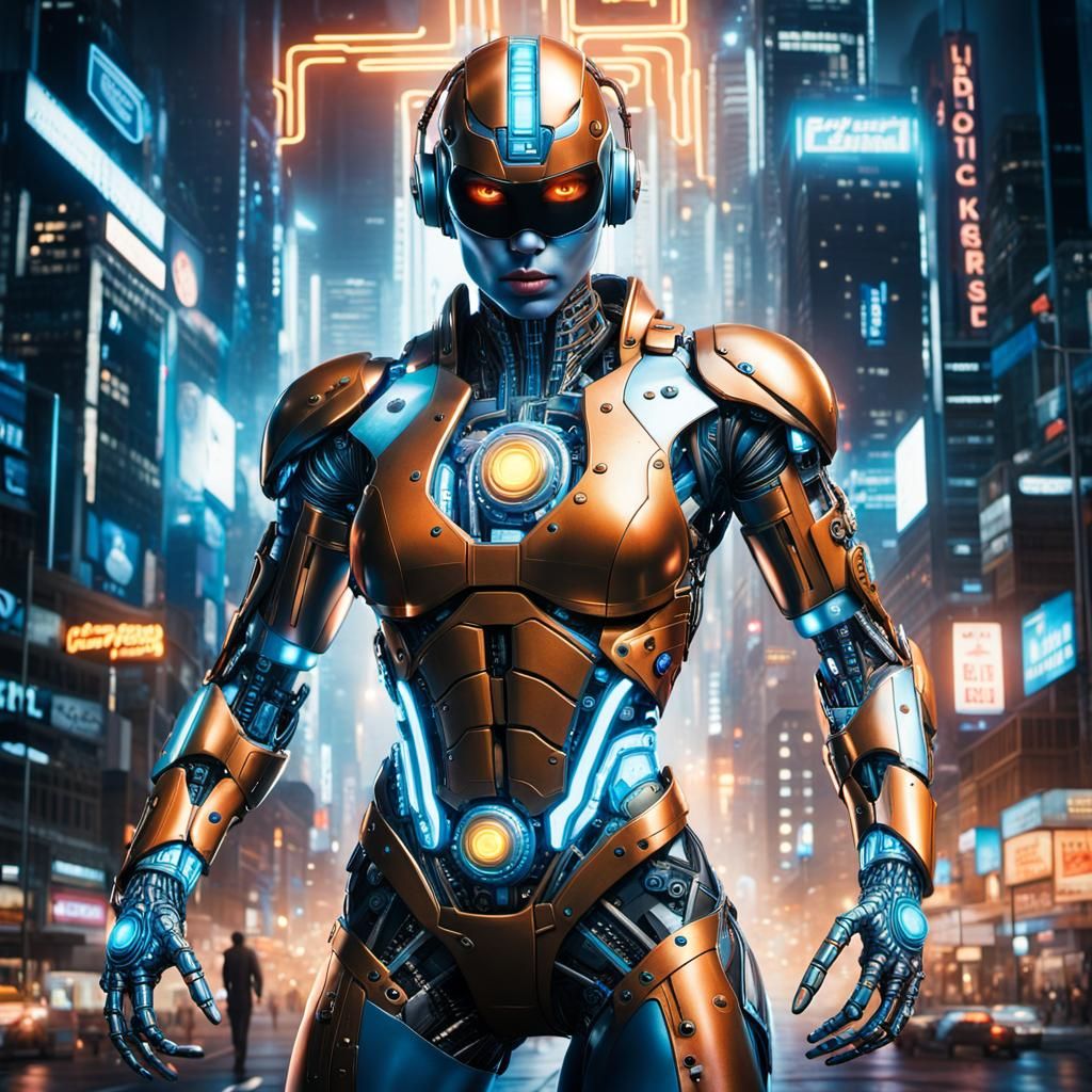 Cyborg Woman in Retrowave Metropolis Comic Art