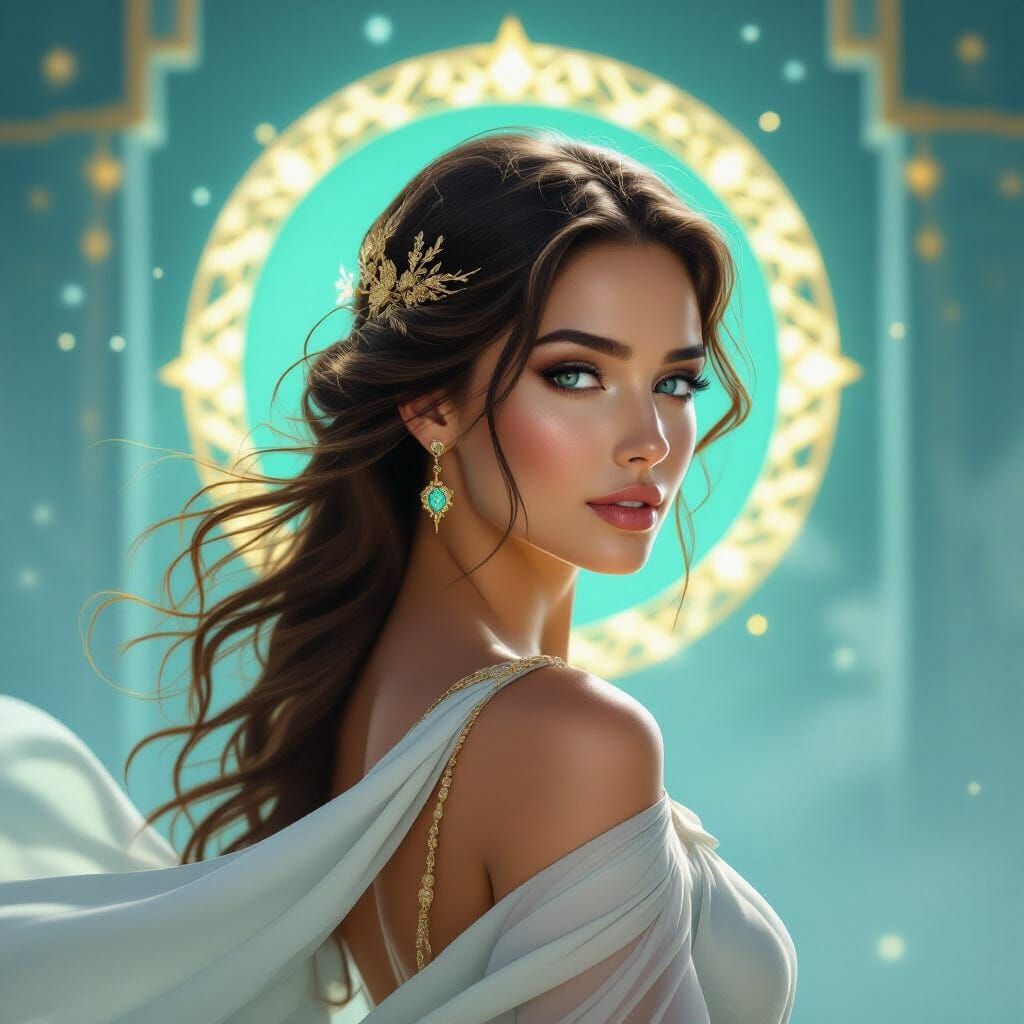 Celestial Woman with Golden Halo and Deco Gateway