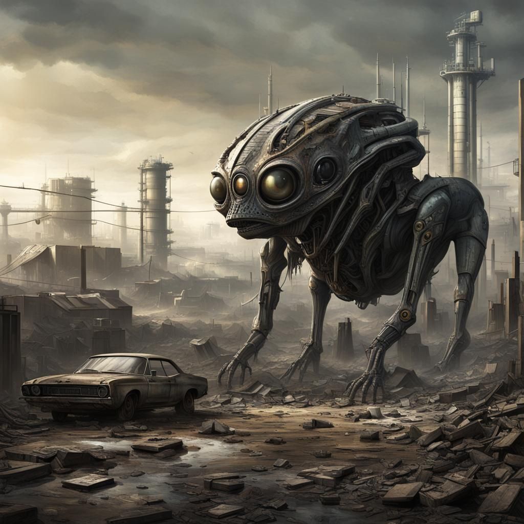 Sci-Fi Alien in Ruined Dystopian Landscape