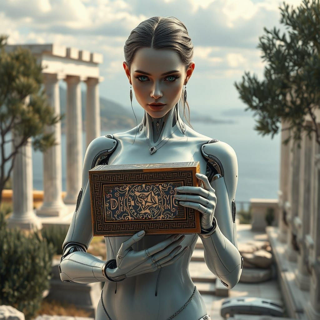 Pandora, the Alluring Cyborg, Contemplates Her Box in a Gree...