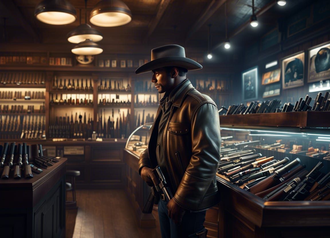 Space Western Gun Store: Hyperdetailed Cel-Shaded Scene