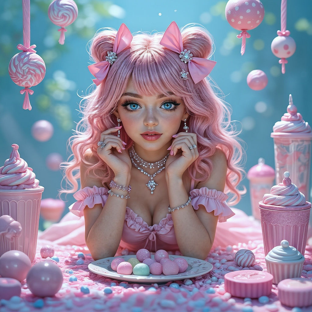 Candy Goth Girl in Pop-Surreal Dreamscape