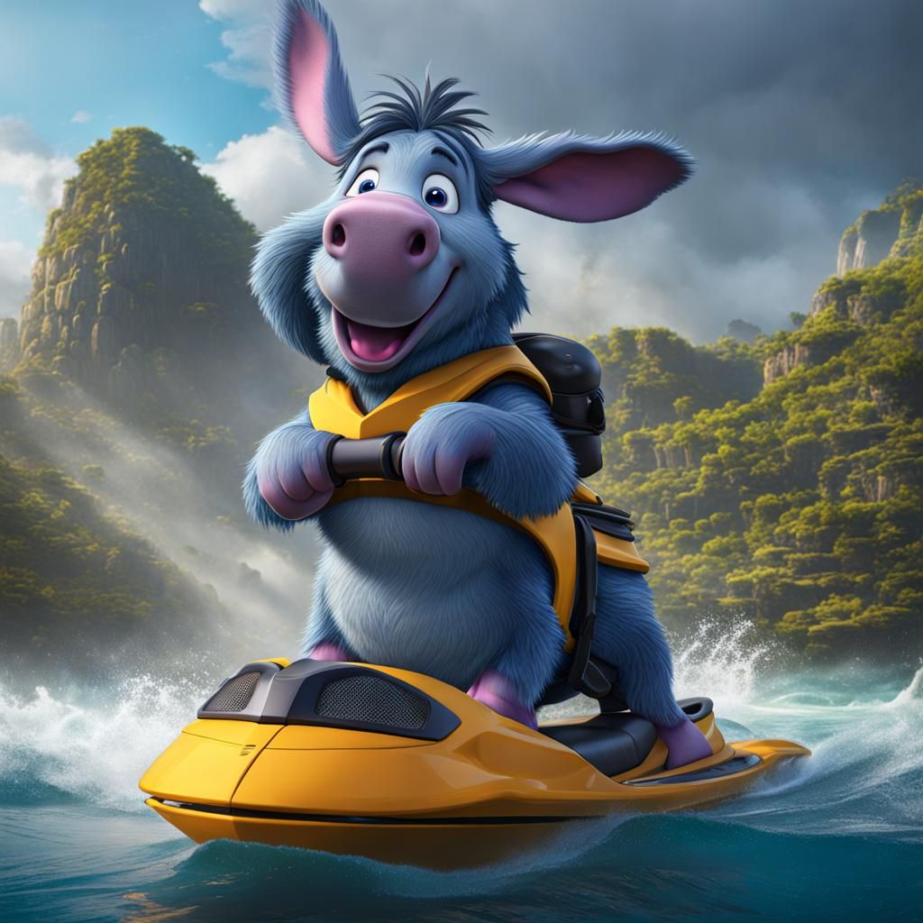 Eeyore Rides a Jetski: Detailed Fantasy Art