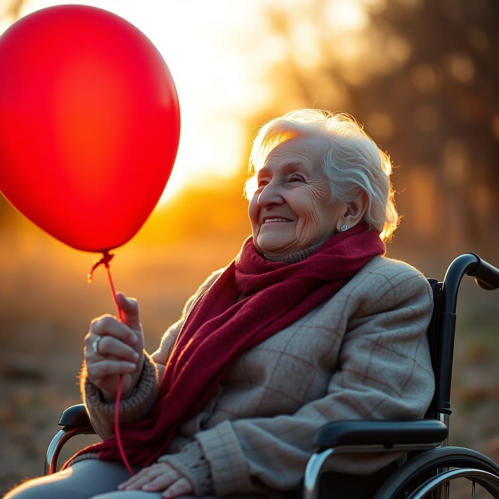 Joyful Elderly Woman with Balloon in Golden Light