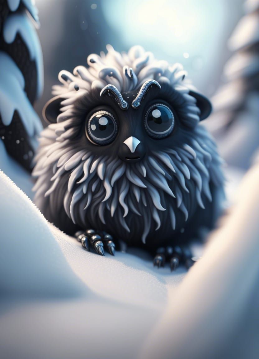 Cute Tiny Fantasy Creature in Snow, Hyperrealistic 4K
