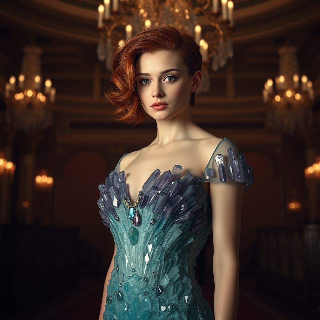 Crystalline Dress in Ornate Ballroom, Digital Art