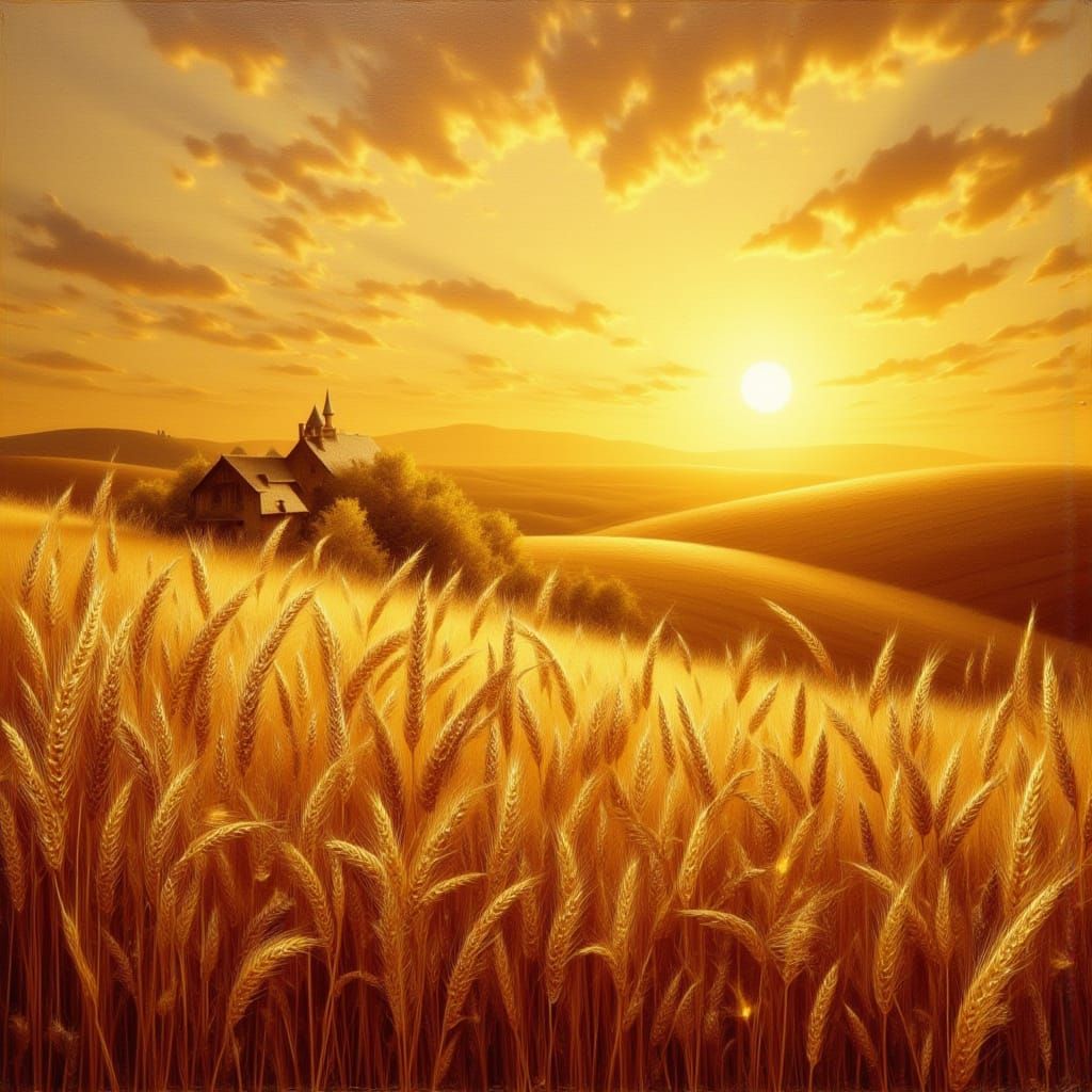 Golden Hour Wheat Field Oil Painting