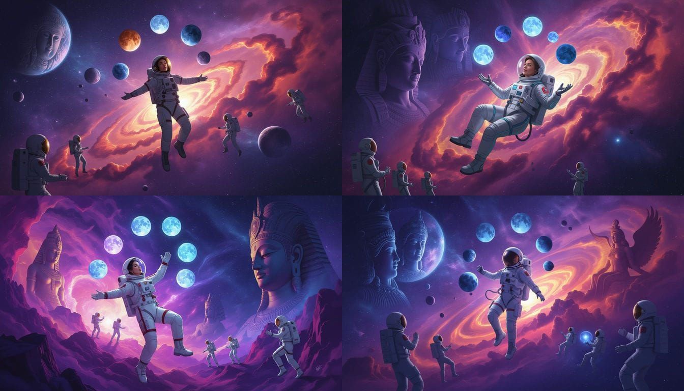 Astronaut Adrift in Cosmic Nebula with Celestial Gods