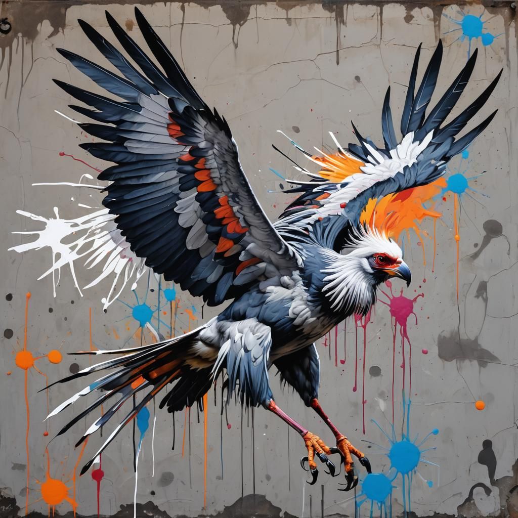 Secretary Bird in Flight: Graffiti Art Style