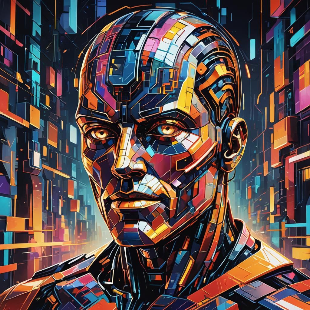 Cubist AI Android Head in Neon Cityscape