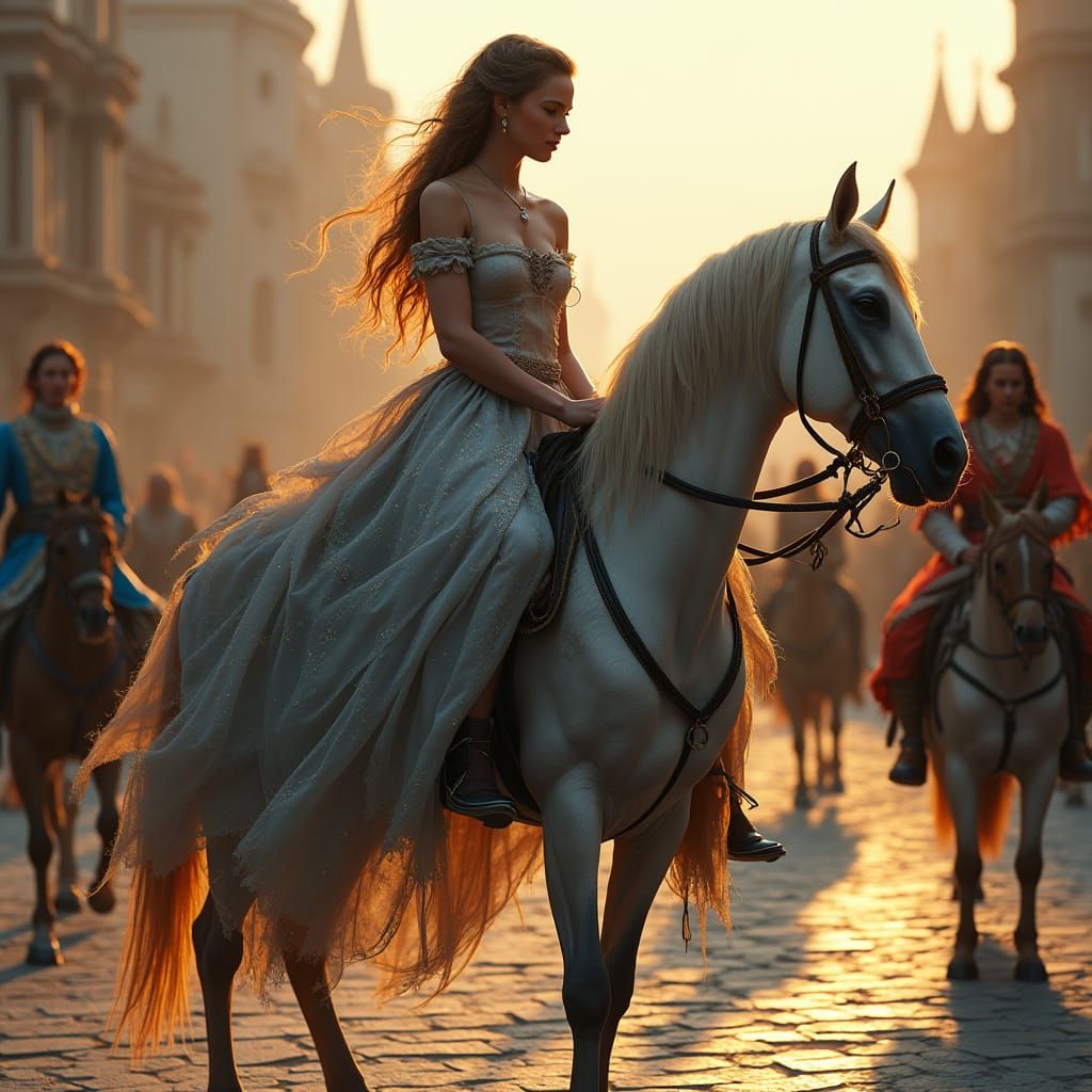 Girl on Horse in Gray Sparkling Dress in Bustling Old Town S...