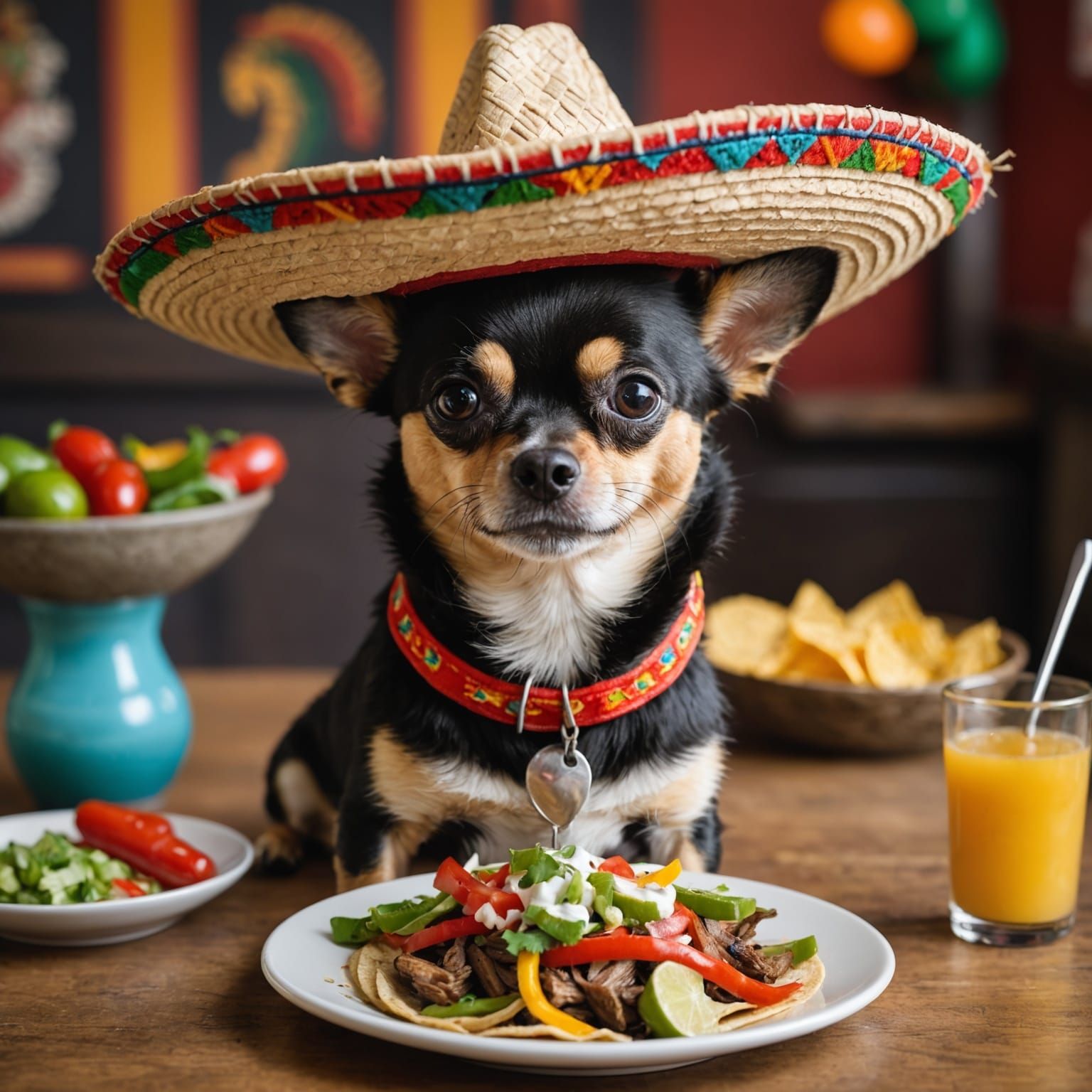 Mexican chihuahua with sombrero on his head eats fajitas