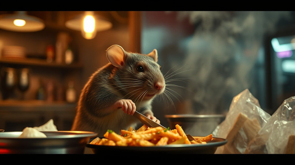 Rat Chef Cooking in Restaurant: Cinematic Film Still