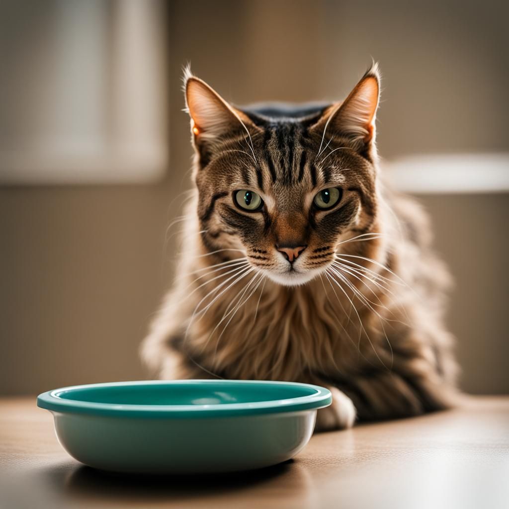 Cat Stares at Empty Bowl Demanding Food