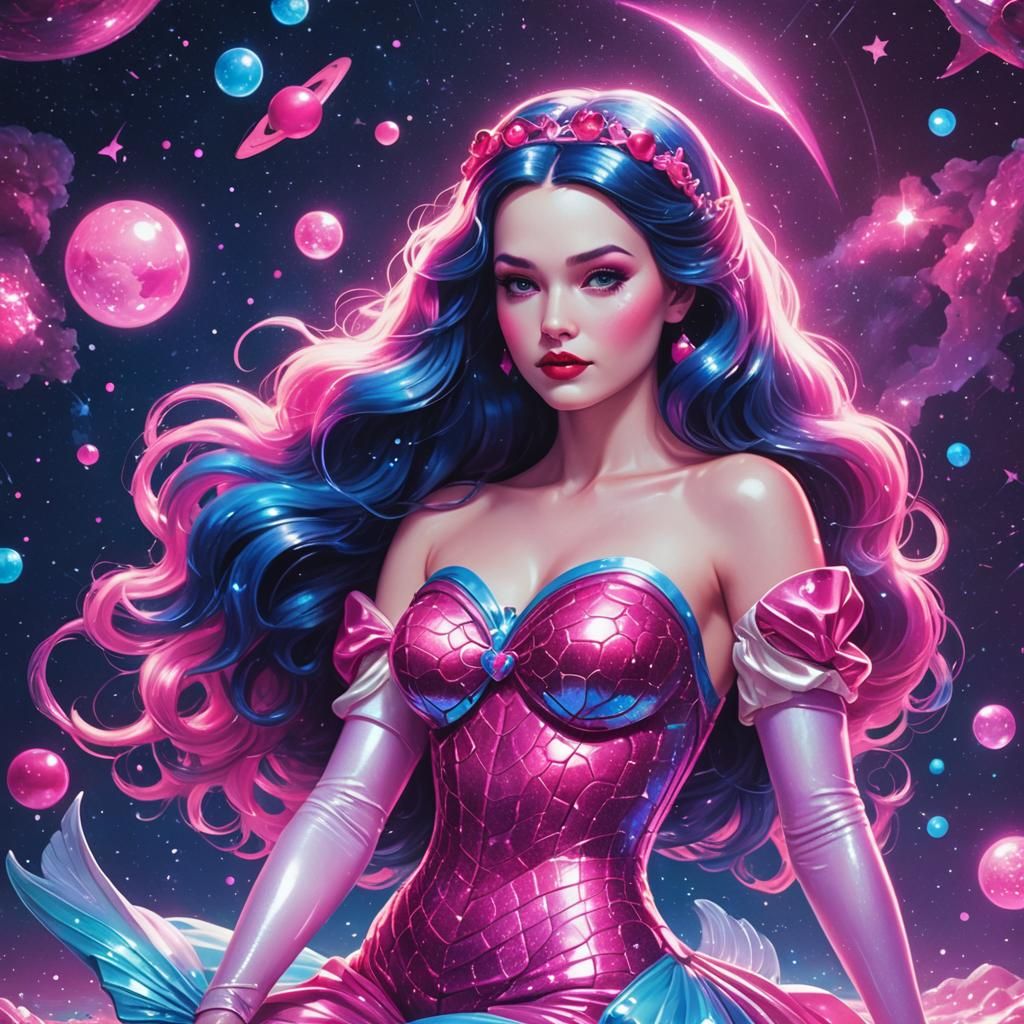 Snow White Space Mermaid in Synthwave Neon Style