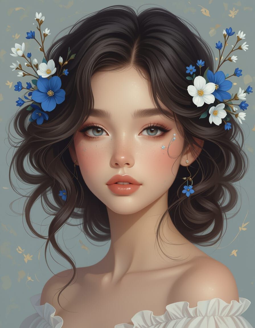 Ethereal Portrait of Woman with Floral Hair in Digital Art