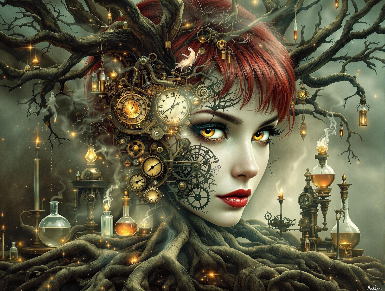 Gothic Fairy Double Exposure in Steampunk Laboratory