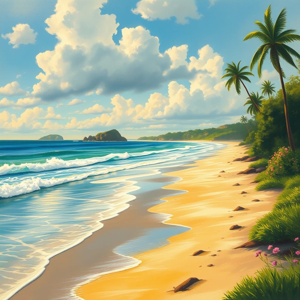 Idyllic Summer Beach in Impressionist Gouache Style