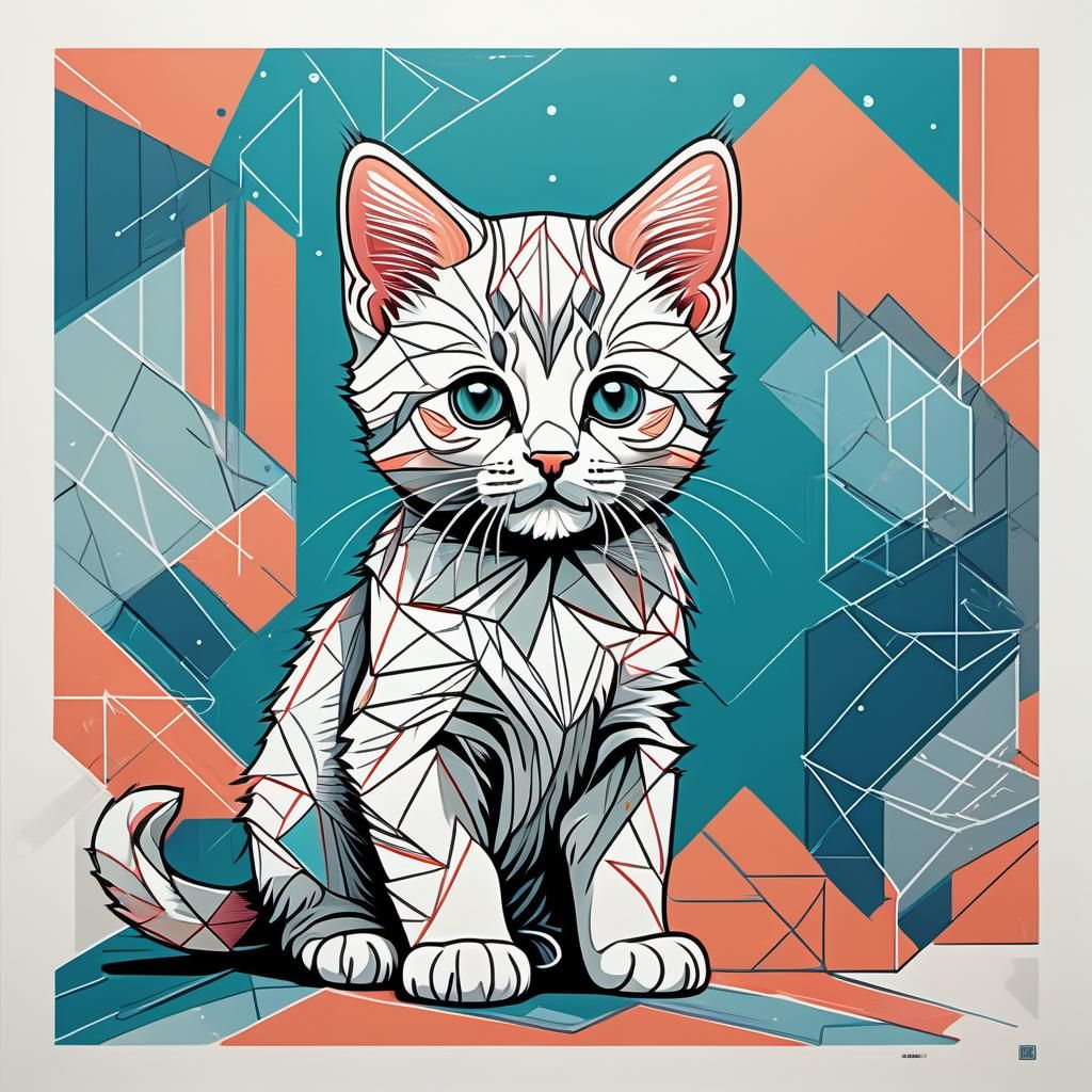 Cute Kitten in Geometric Screen Print Style