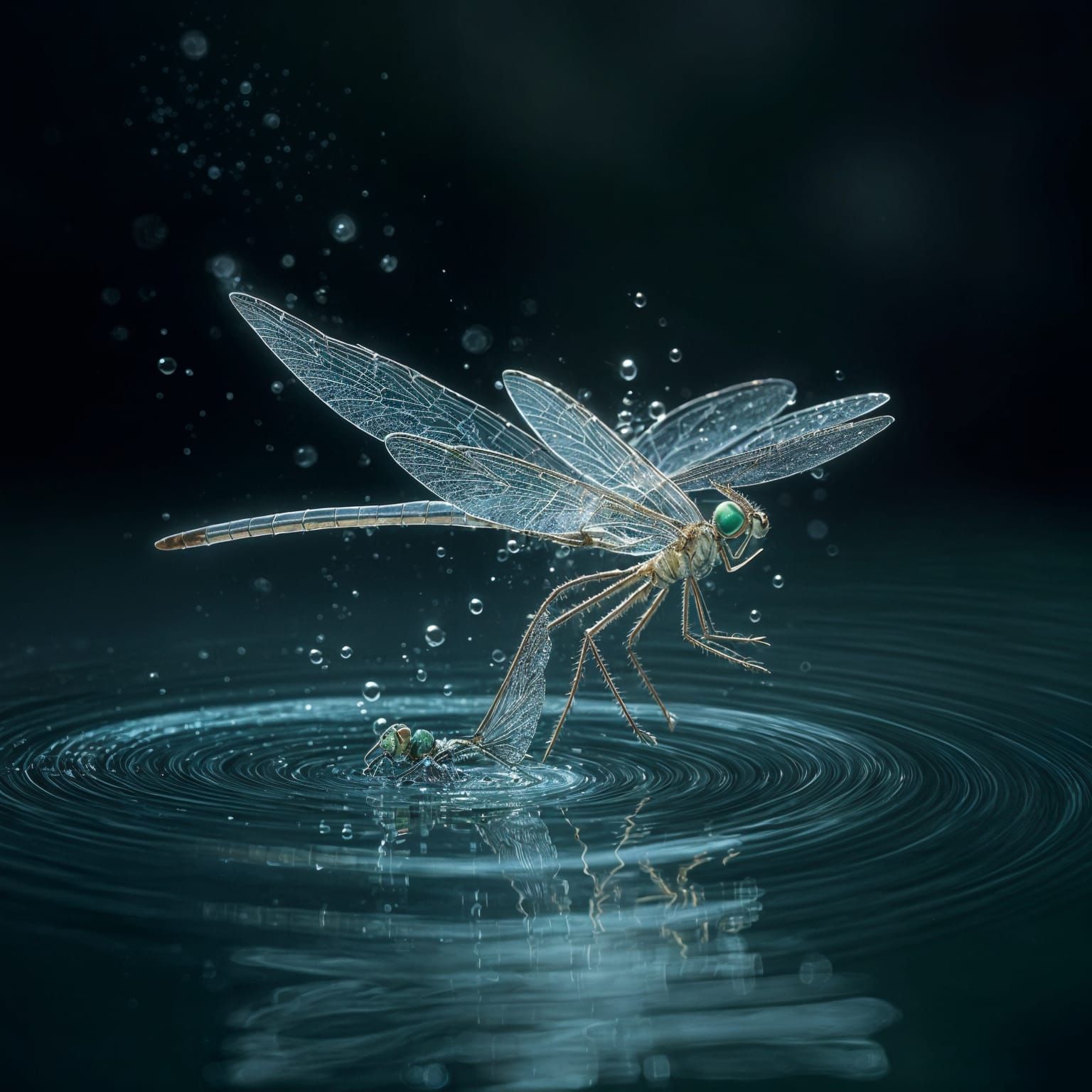 Surreal Dragonfly Emerges from Water in Shimmering, Hyper-Re...