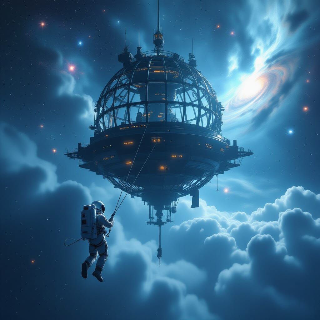 Astronaut Tethered to Giant Mechanical Birdcage Space Statio...