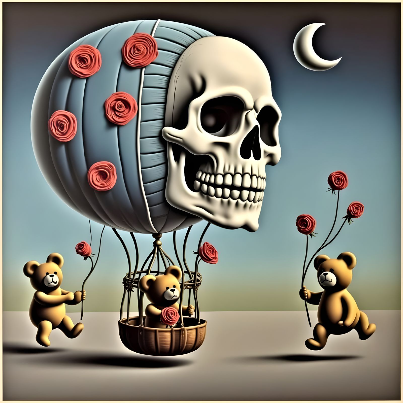 Cartoon Teddy Bears Throwing Roses From Skull Balloon