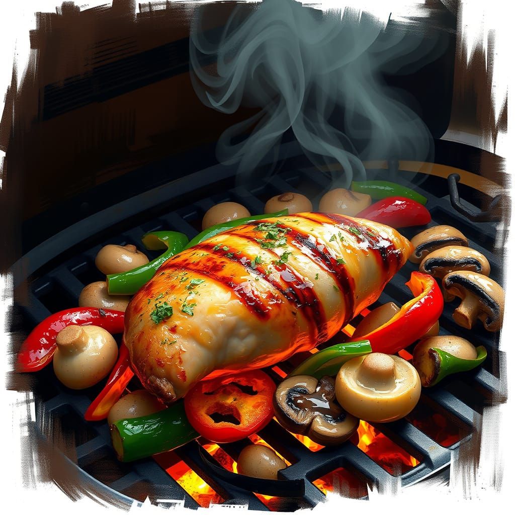 Rustic Grill Scene with Smoky Chicken