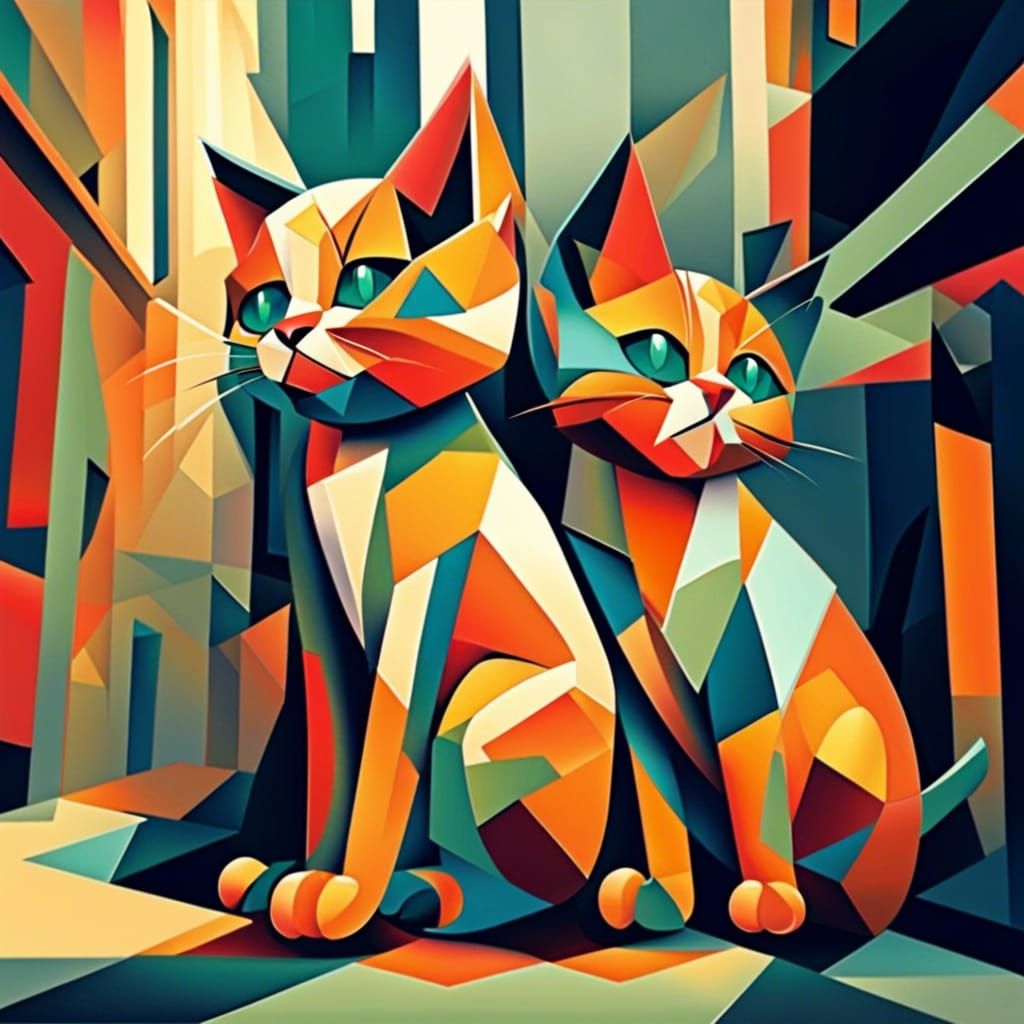 Kittens Play in City: Cubist Art Deco Style