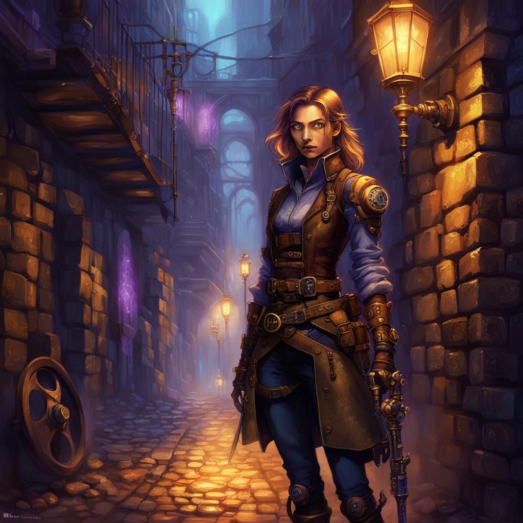 Steampunk Soulknife Rogue in Dim Alleyway