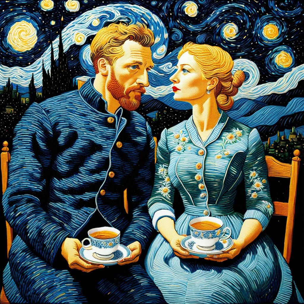 Embroidered Couple Admiring Starry Night Embroidery