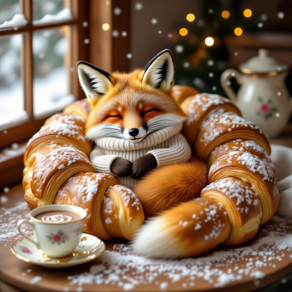 Sleepy Fox in Croissant, Whimsical Art