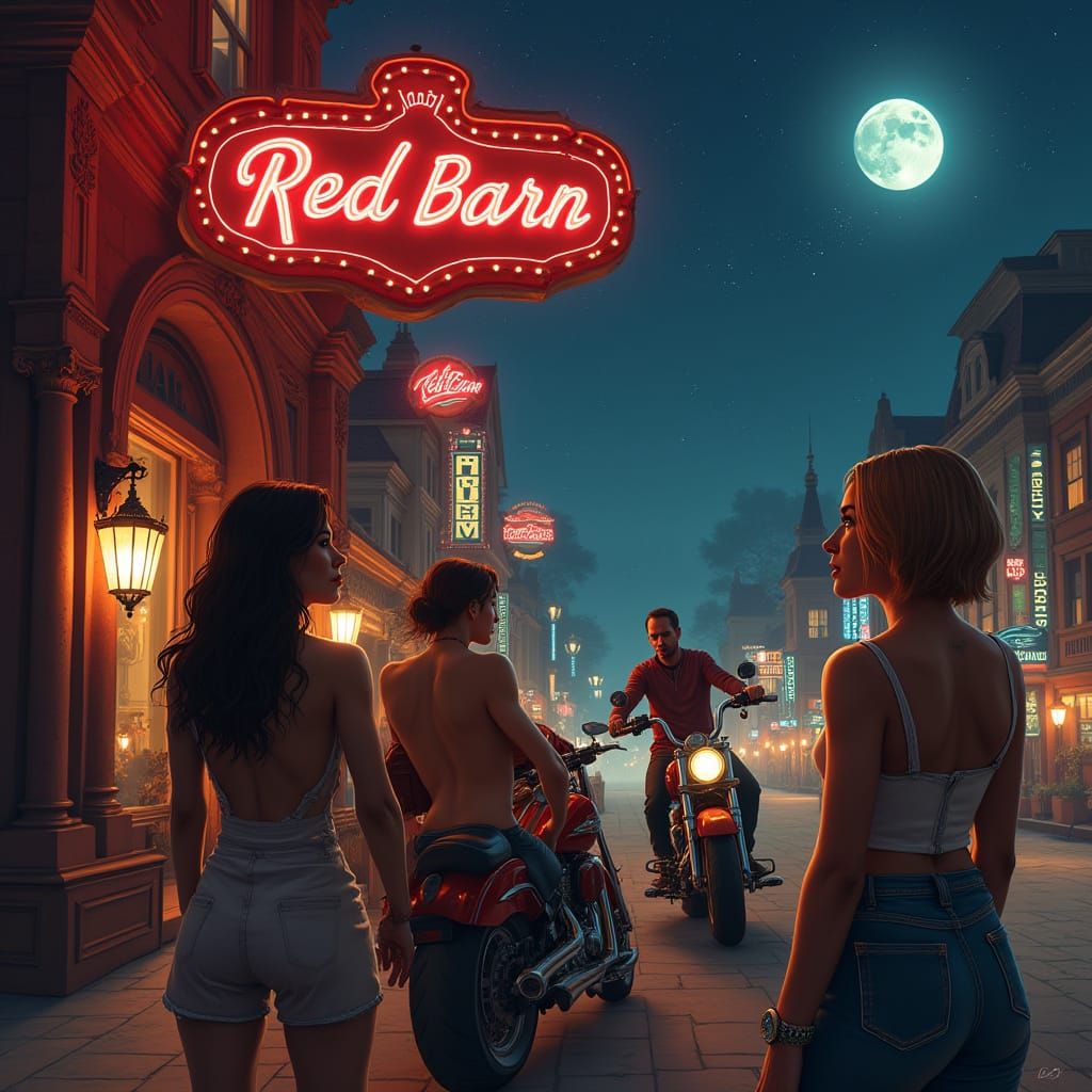 Enchanted Cityscape: Diverse Women Gaze at Redbarn Building