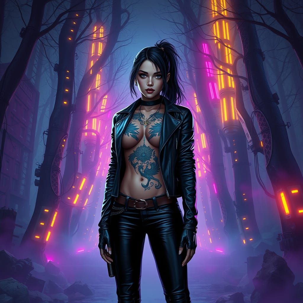 Cyberpunk Tattooed Woman in Misty Forest